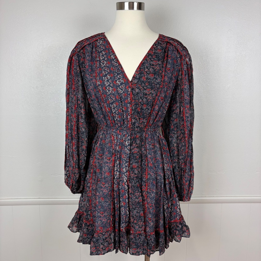 Ulla Johnson Eleni Silk Long Sleeve Minidress Size 2 Twilight Floral Ruffled Hem